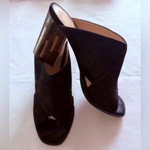 Preowned Sapena Spain Black Suede Open-Toe Mule Wood-Effect Block Heels Sz 9/39